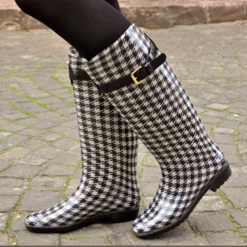 Lauren Ralph Lauren Rossalyn II White Black Houndstooth Pull On Rain Boots Sz 7